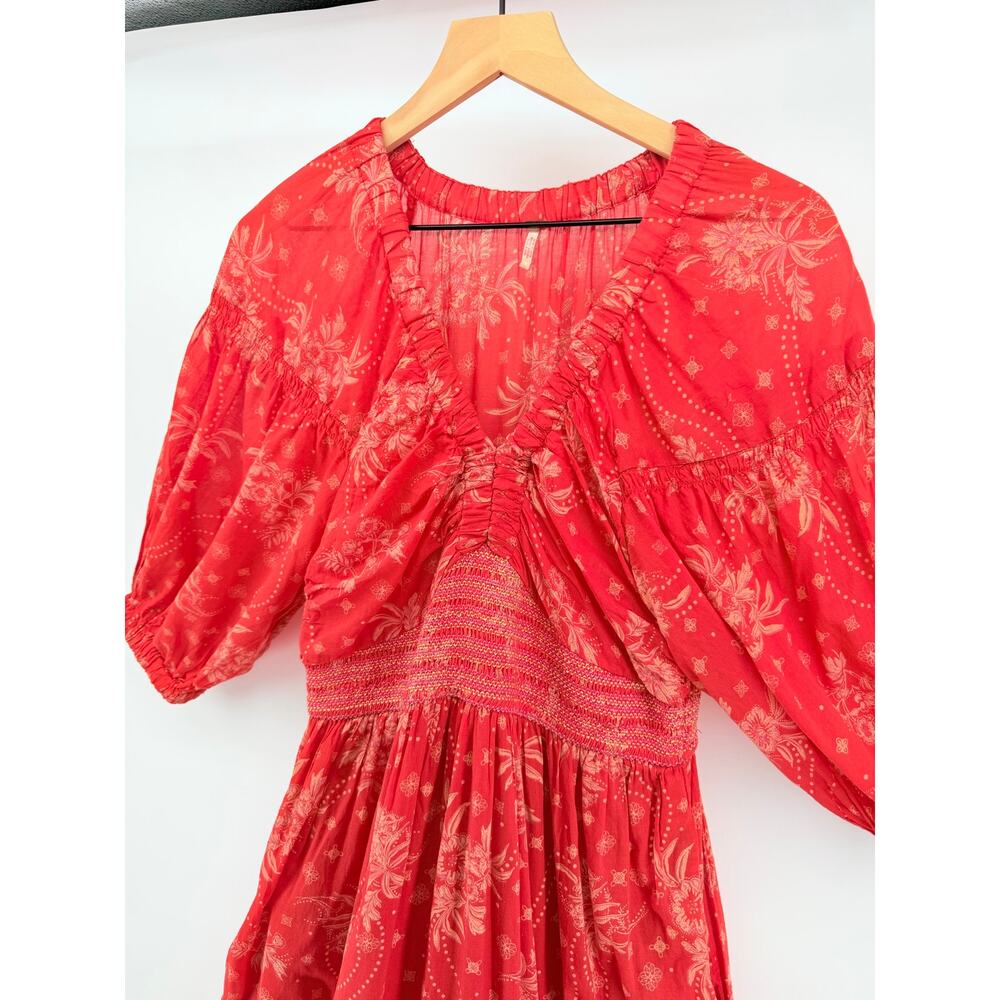 Free People Golden Hour Red Floral Boho Maxi Dress M Cottagecore Romantic - Picture 3 of 10